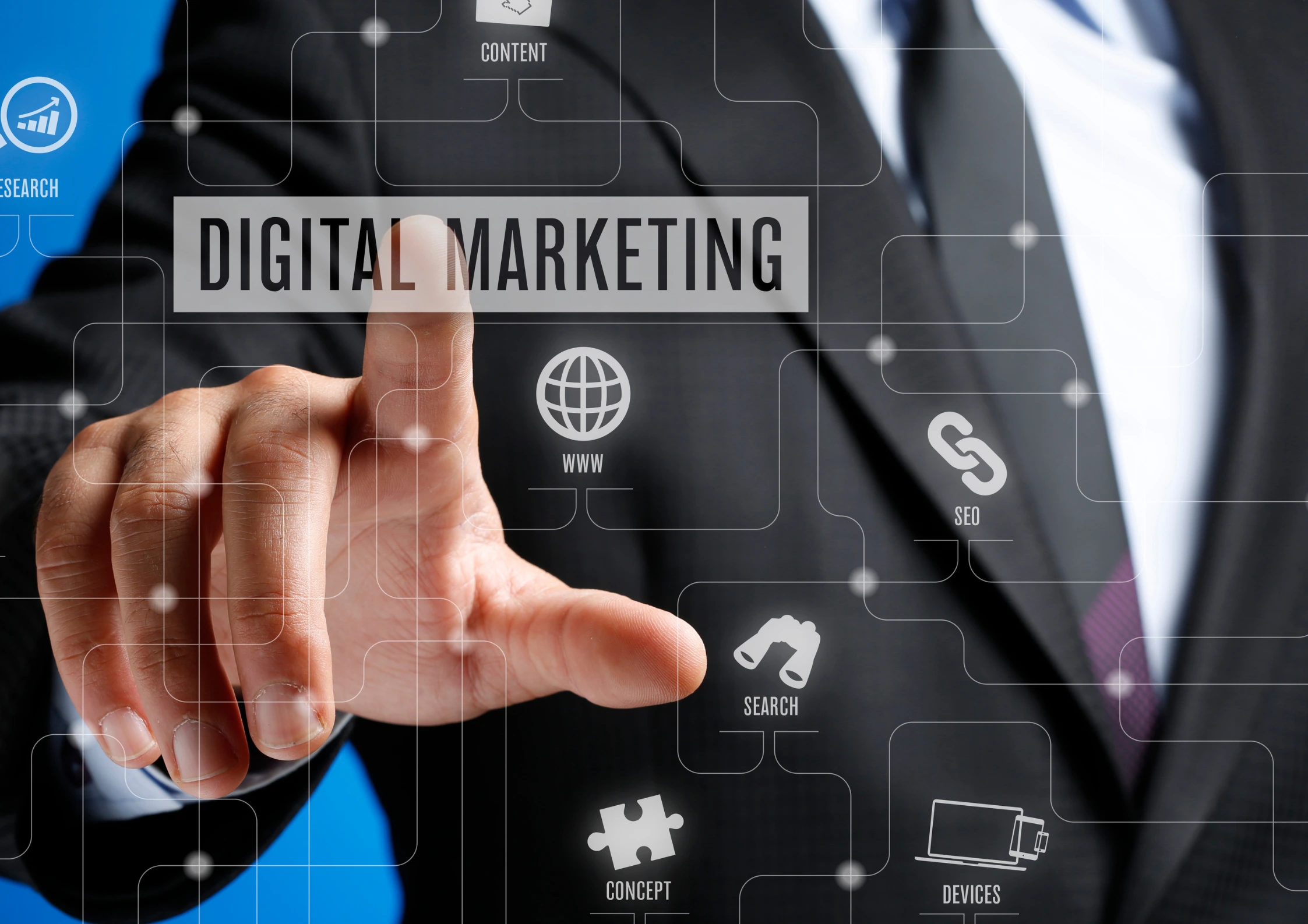 mage showing a hand touching a screen interface displaying 'Digital Marketing' connected to strategic concepts like SEO, Search, and Content.