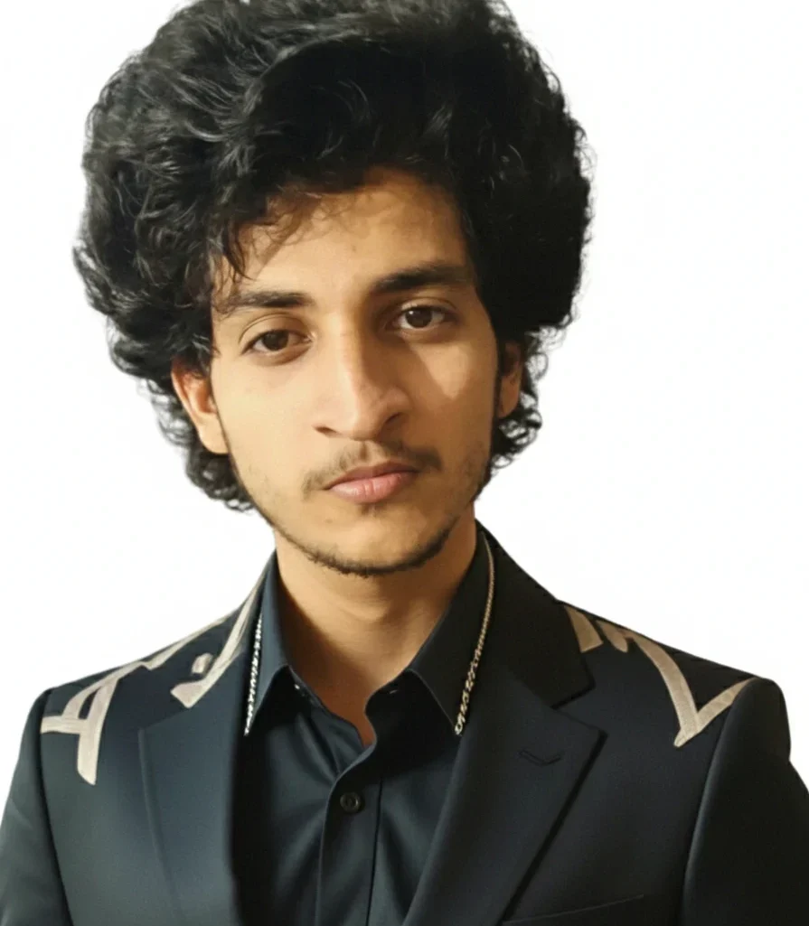 Professional portrait of a man in a black blazer with unique shoulder embroidery.