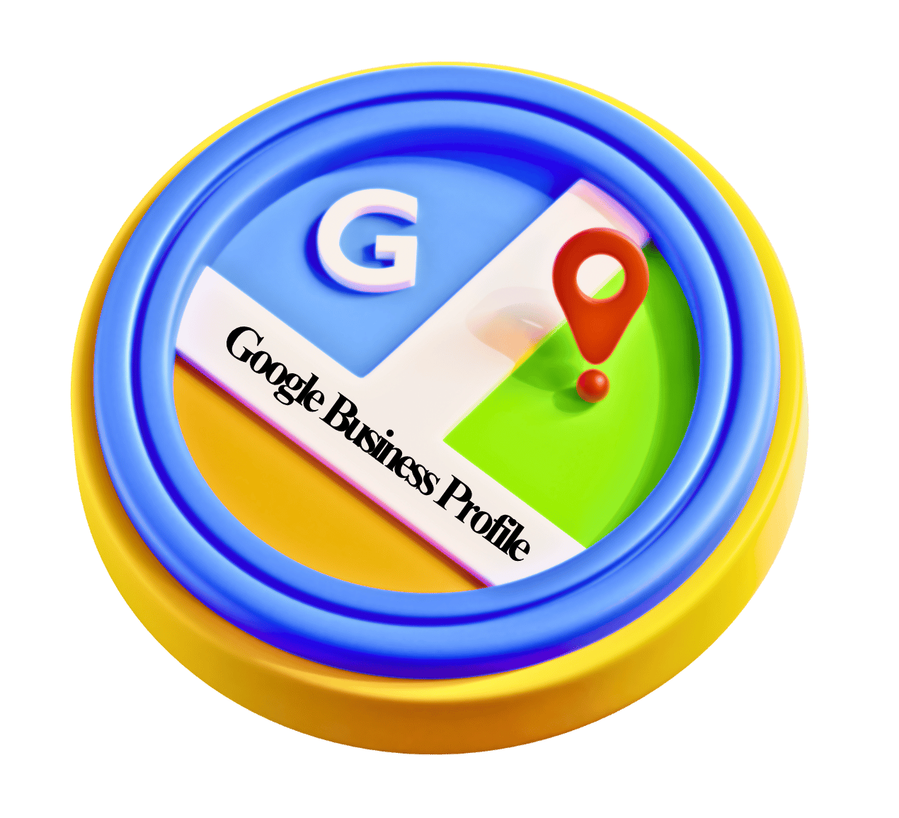 3D logo for Google Business Profile featuring a map, the Google 'G', and a red map pin inside a yellow and blue circle.