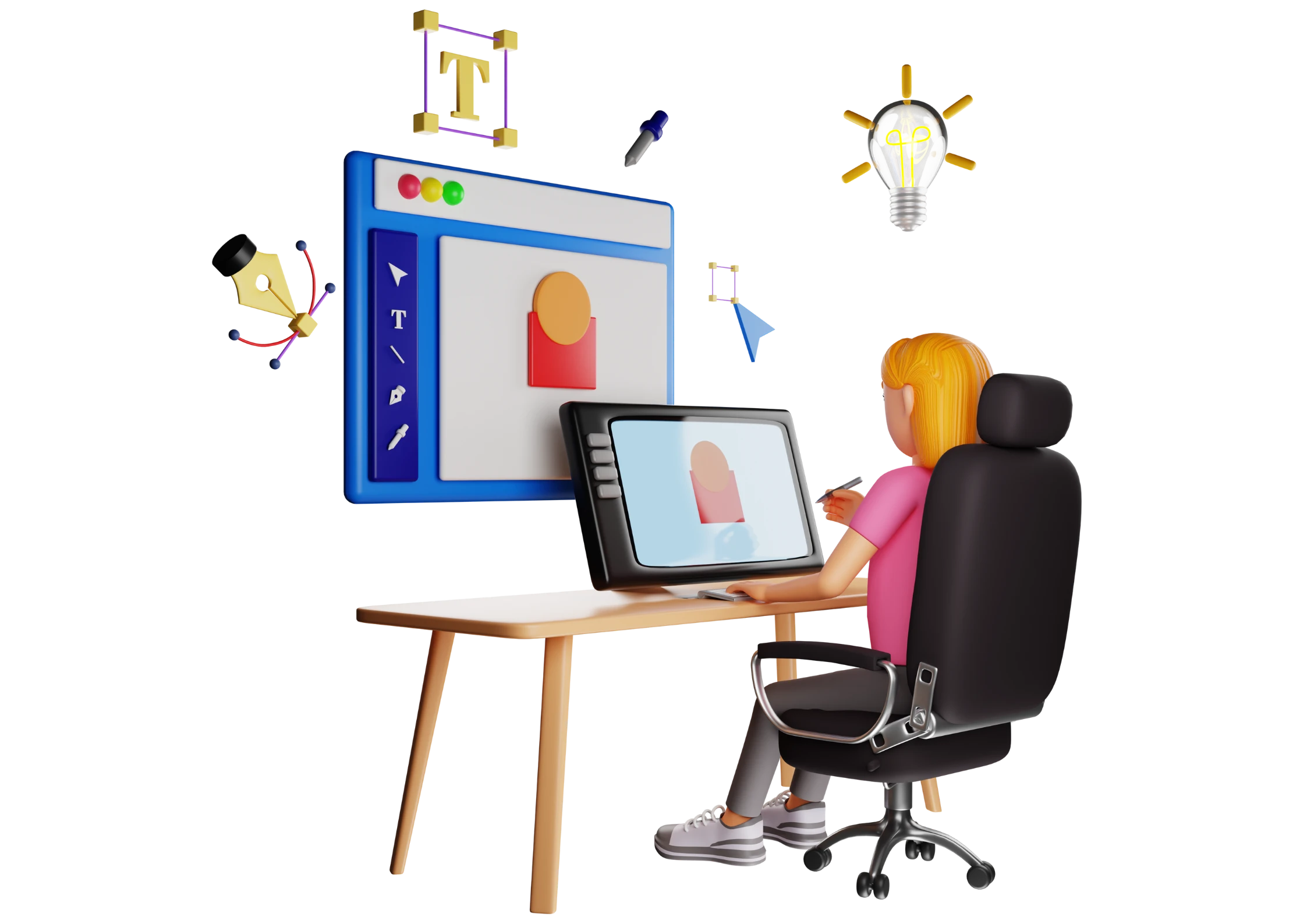 "3D illustration of a graphic designer working on a drawing tablet and computer, surrounded by creative design tool icons and a lightbulb.