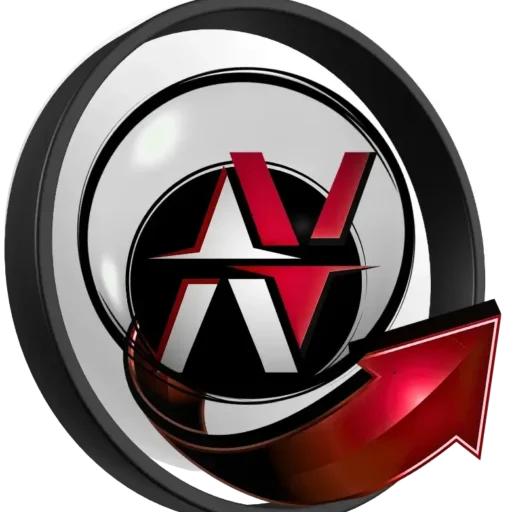 Logo for Negzify, featuring a stylized red and white 'AV' monogram inside a metallic ring, with a red arrow pointing upwards.