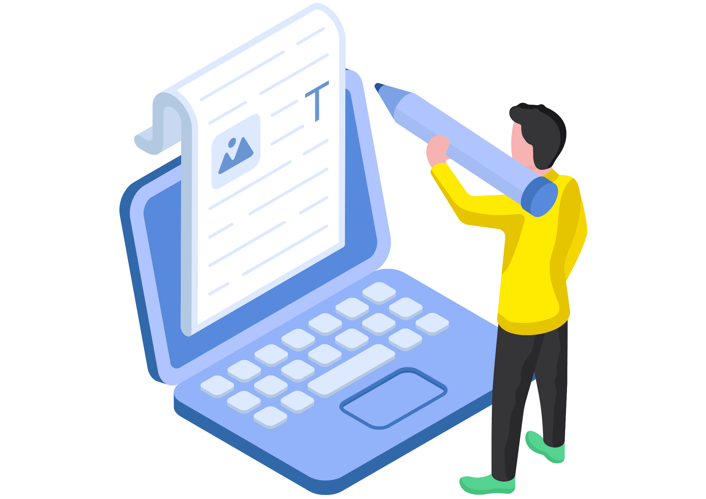 Isometric illustration of a person writing or editing a long document on a laptop screen, symbolizing blog writing or content creation.