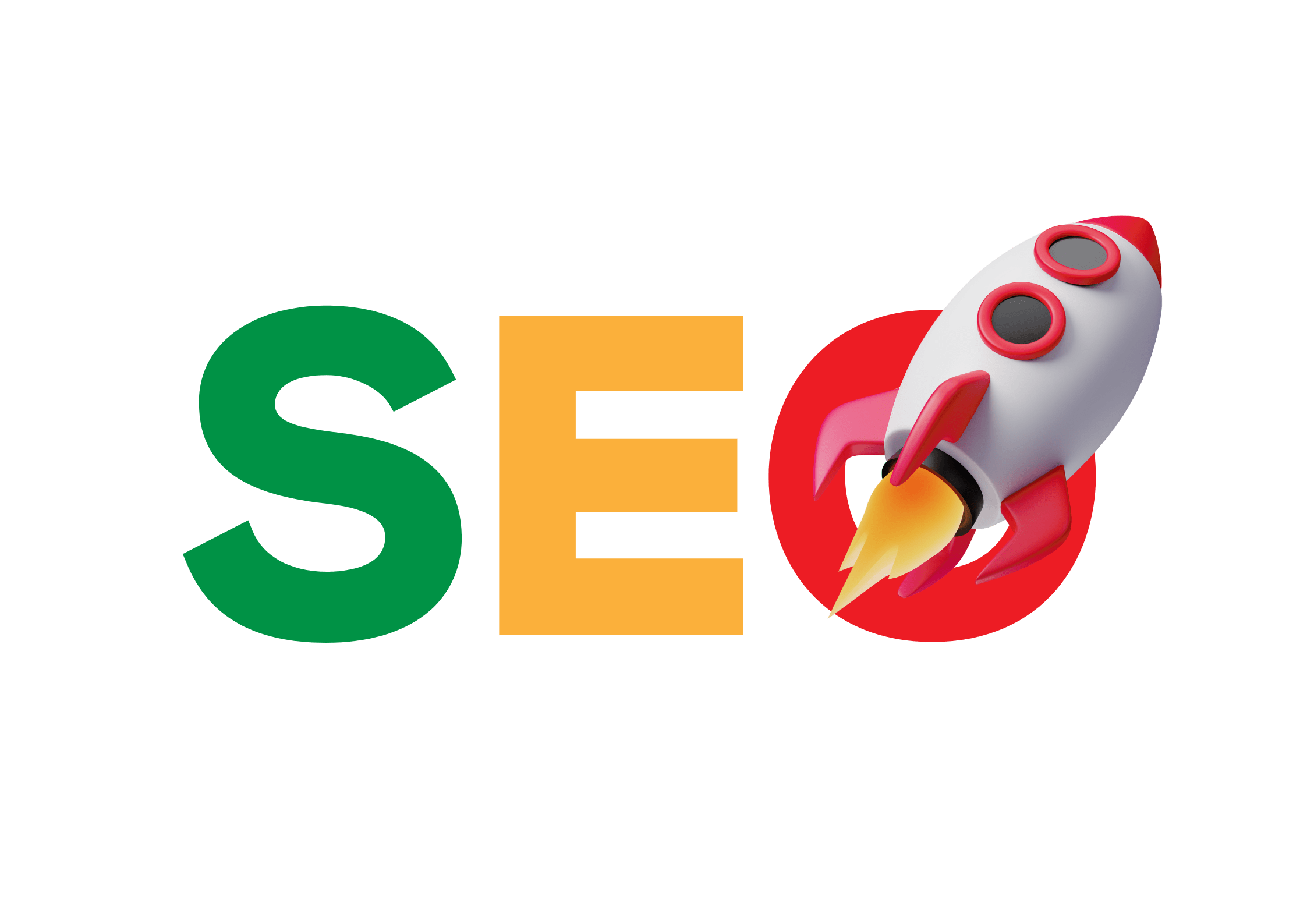 3D graphic of the letters S, E, O, where the 'O' is replaced by a rocket taking off, symbolizing SEO growth and optimization.