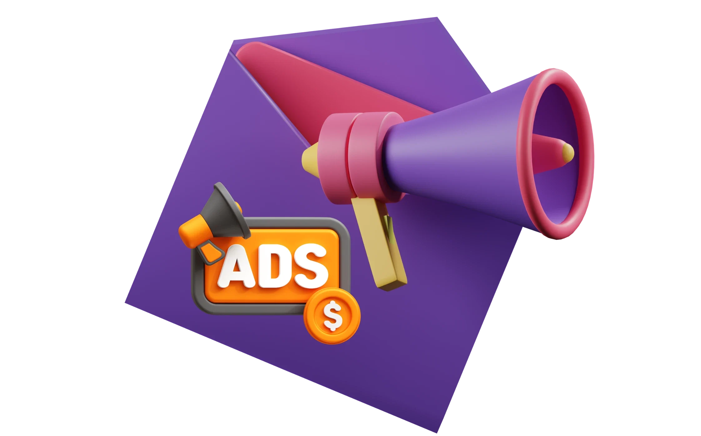 3D icon representing Paid Advertising (PPC) campaigns, featuring a purple megaphone, a sign that reads 'ADS,' and a coin with a dollar sign.
