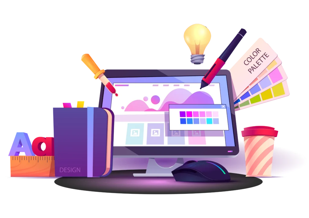 Illustration representing Graphic Design services, showing a computer screen, a color palette, design tools, and a book labeled 'DESIGN'.