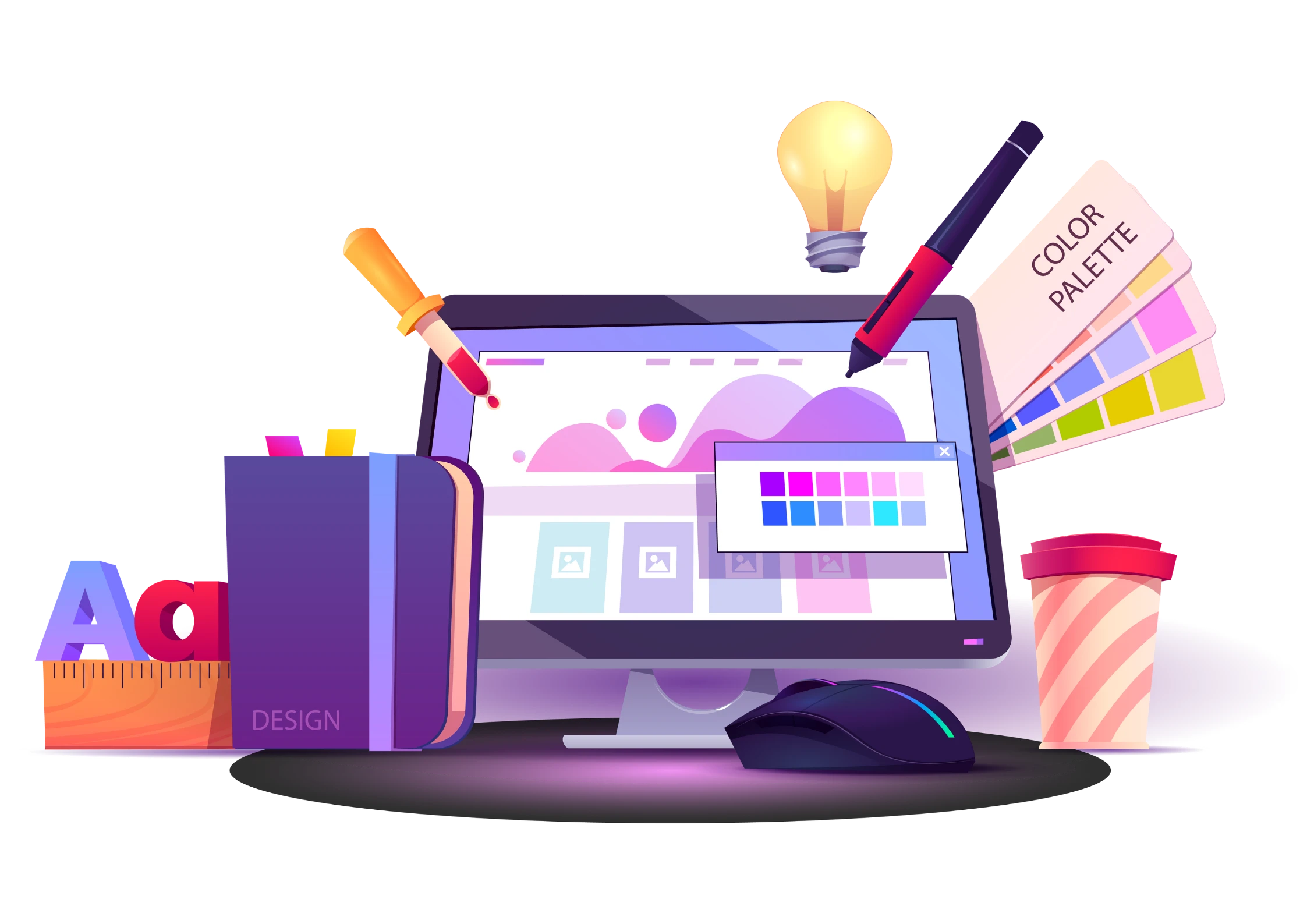 Illustration representing Graphic Design services, showing a computer screen, a color palette, design tools, and a book labeled 'DESIGN'.