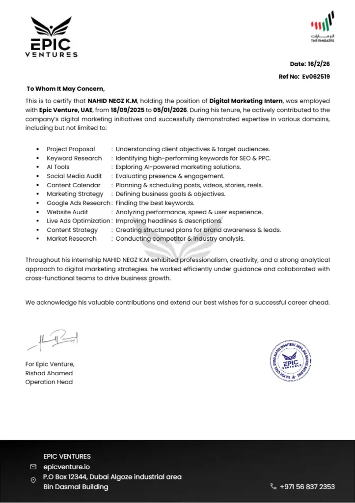 Epic Ventures Certificate